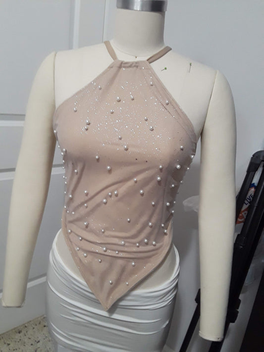 Nude Colored Embellished Top- Diamond Cut 90s inspired Top